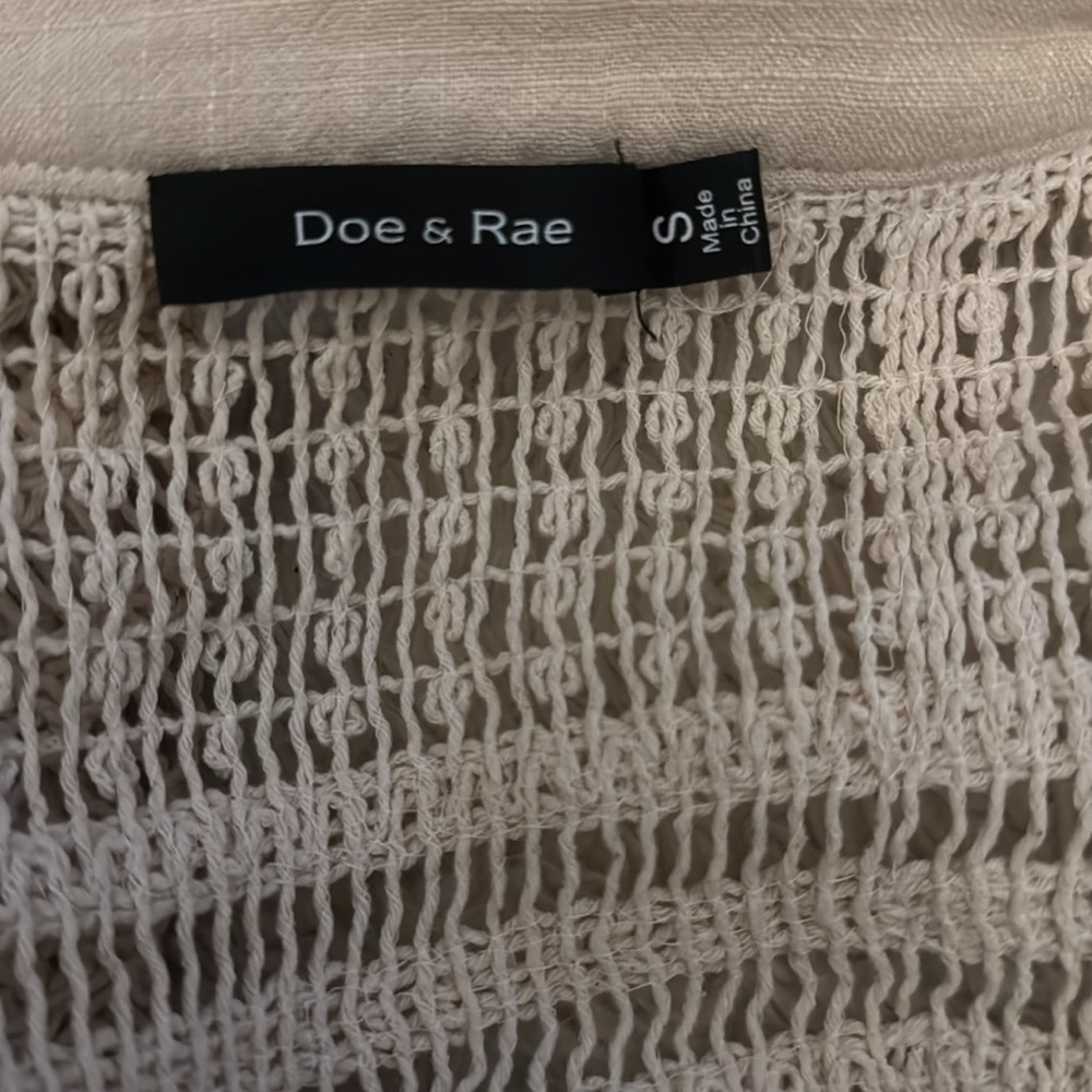 Doe & Rae Linen Blend Fringe Open Front Kimono Crochet Wide Sleeve Small Cream - Picture 11 of 11